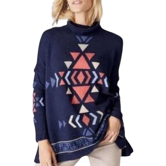 J Jill Aztec Sweater Blue Southwestern Turtleneck Side Slit button Tunic Sz M - Picture 8 of 9